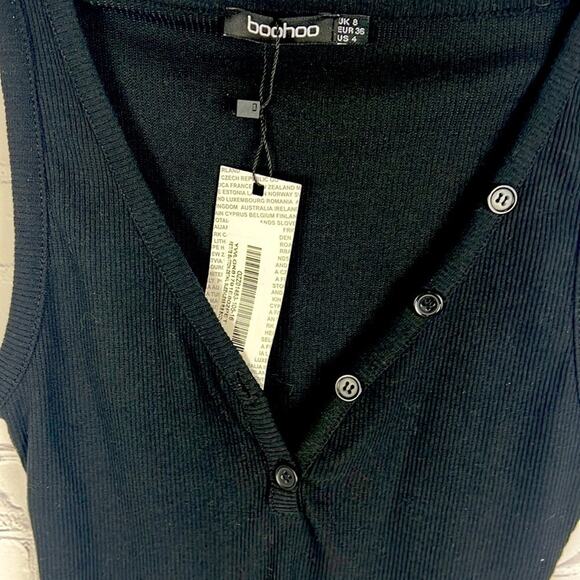 Boohoo Black Sleeveless Ribbed Bodysuit Button detail Size 4 NWT Fall Winter - Picture 3 of 8